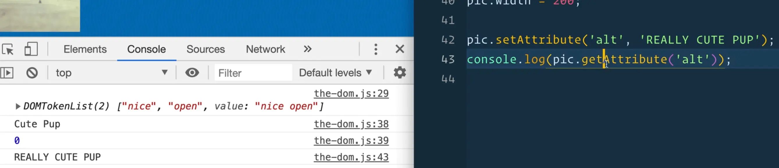browser console showing the output of .getAttrvute after setting via .setAttribute