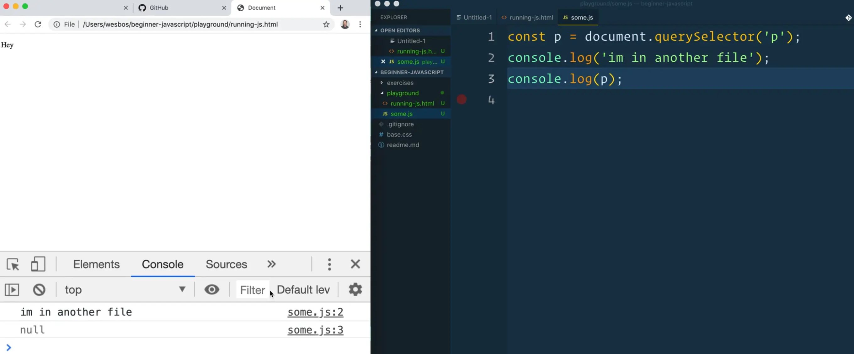 html markup showing the some.js file in the head element and a paragraph element in the body