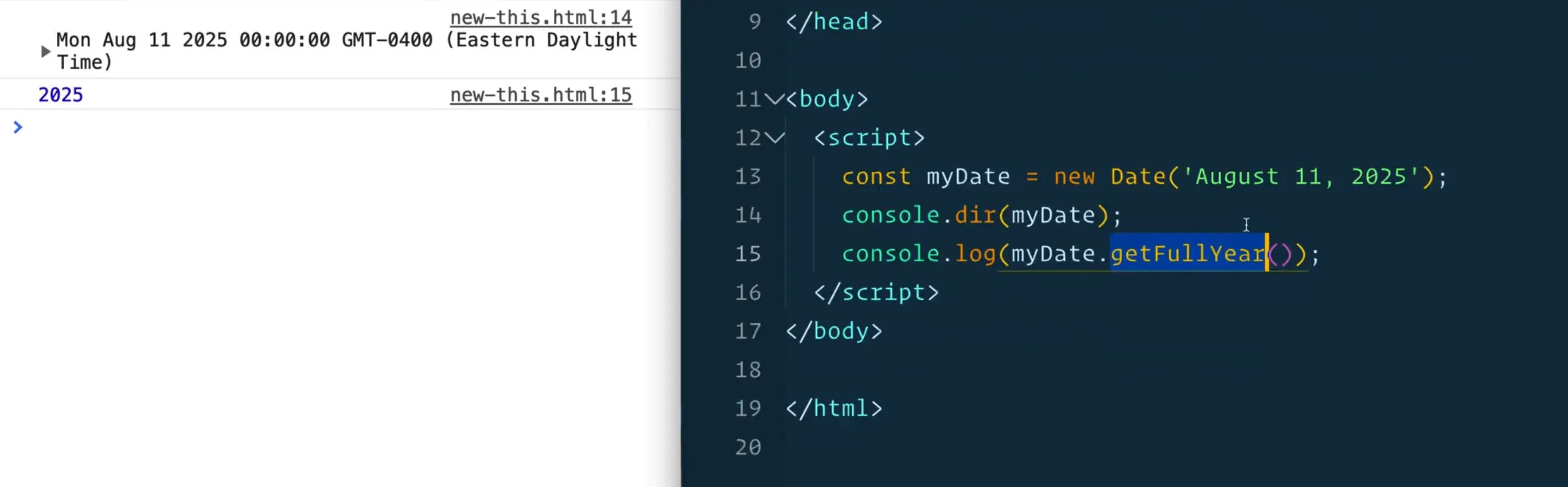 log of myDate.getFullYear() in console