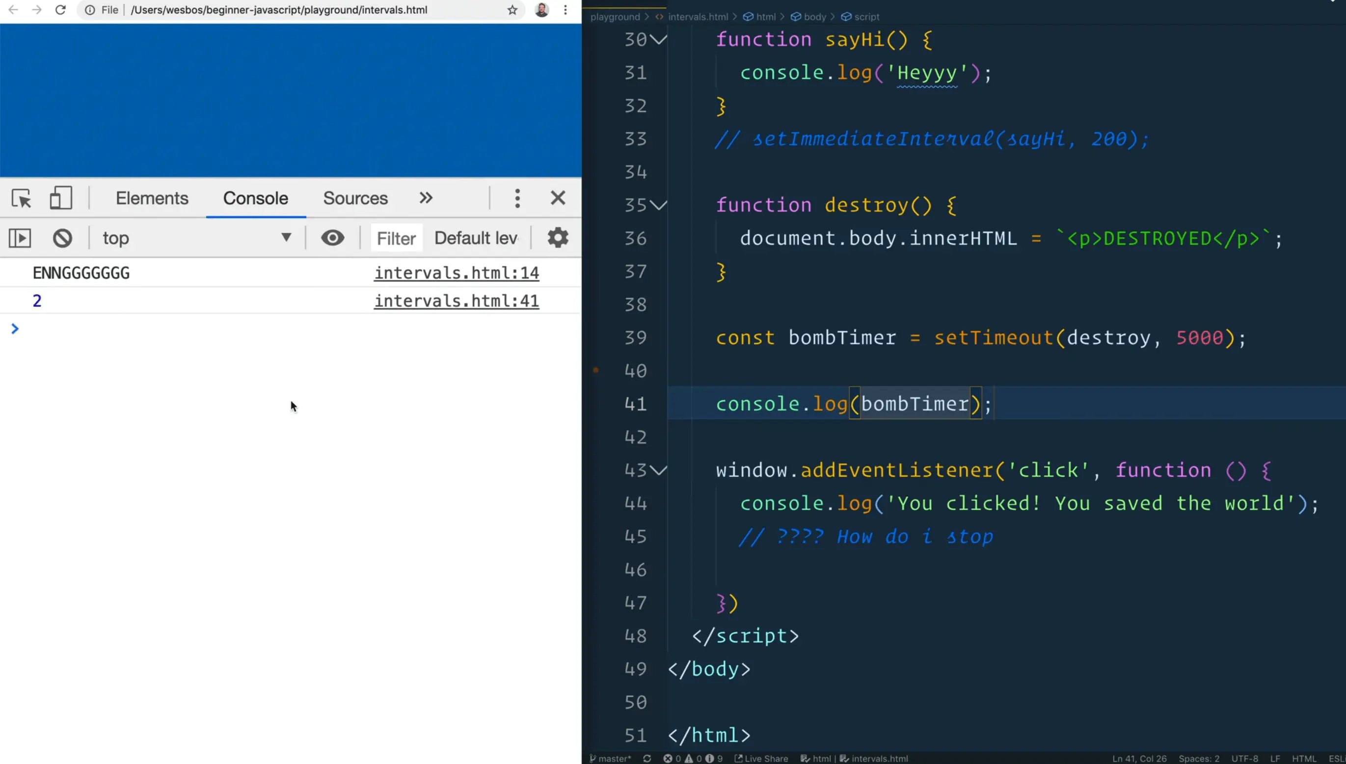 browser console showing the ouput from bombTimer