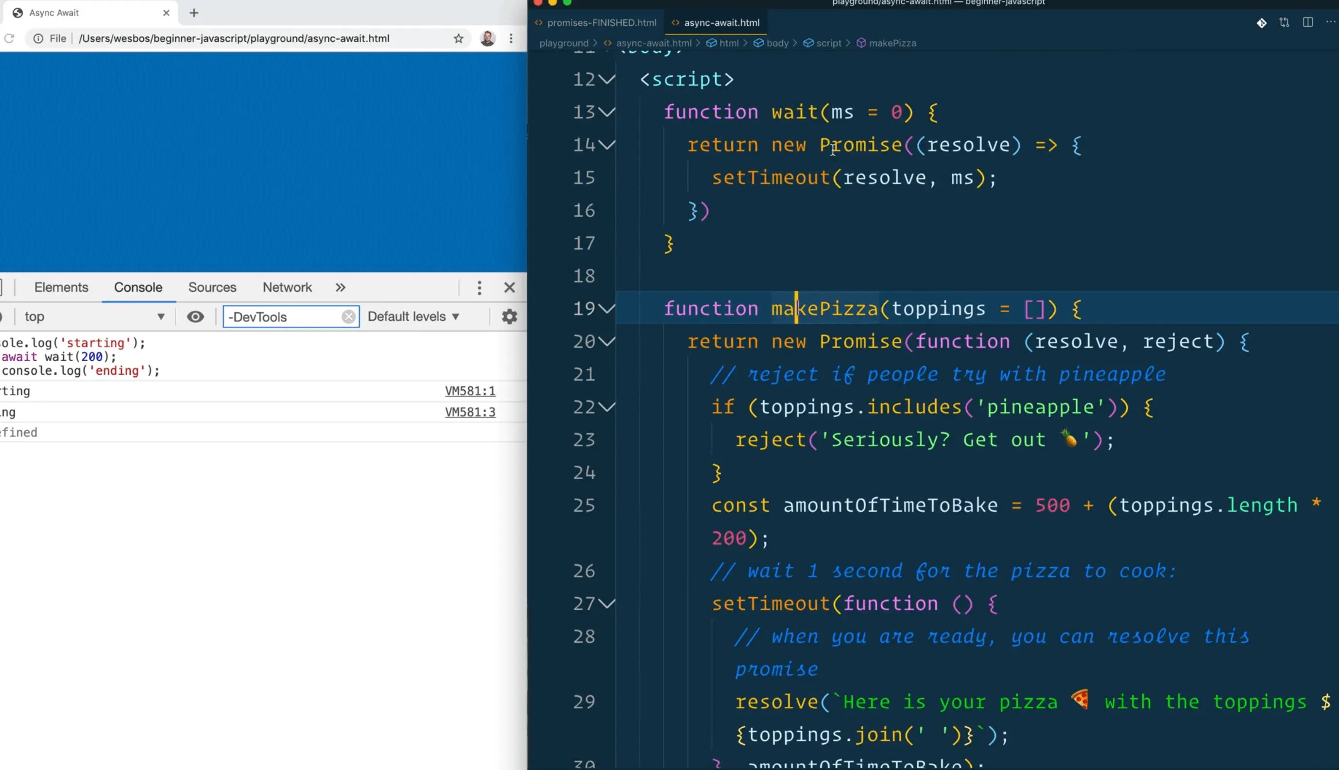 both wait and makePizza functions returning a promise