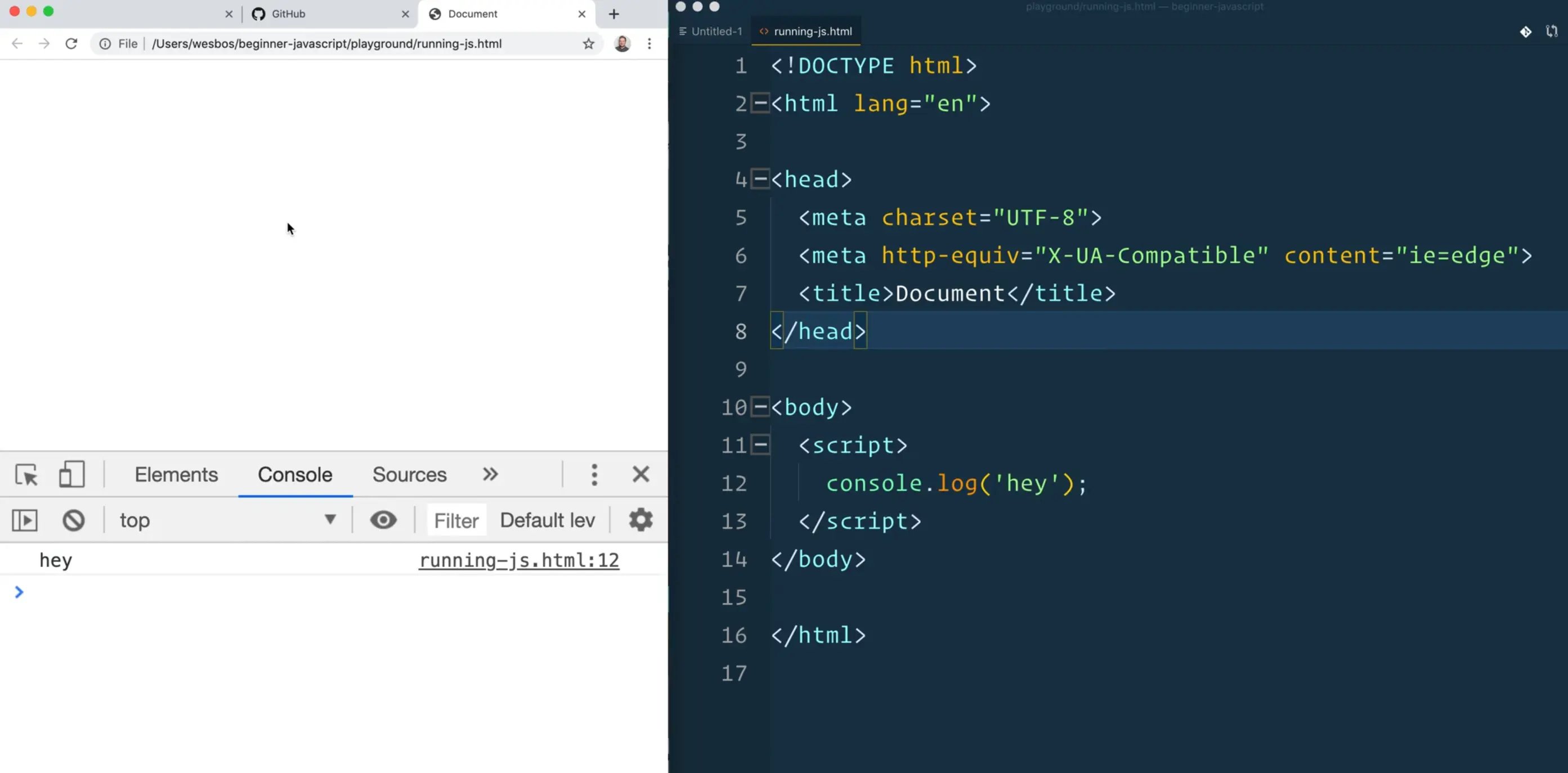 browser console output that says hey