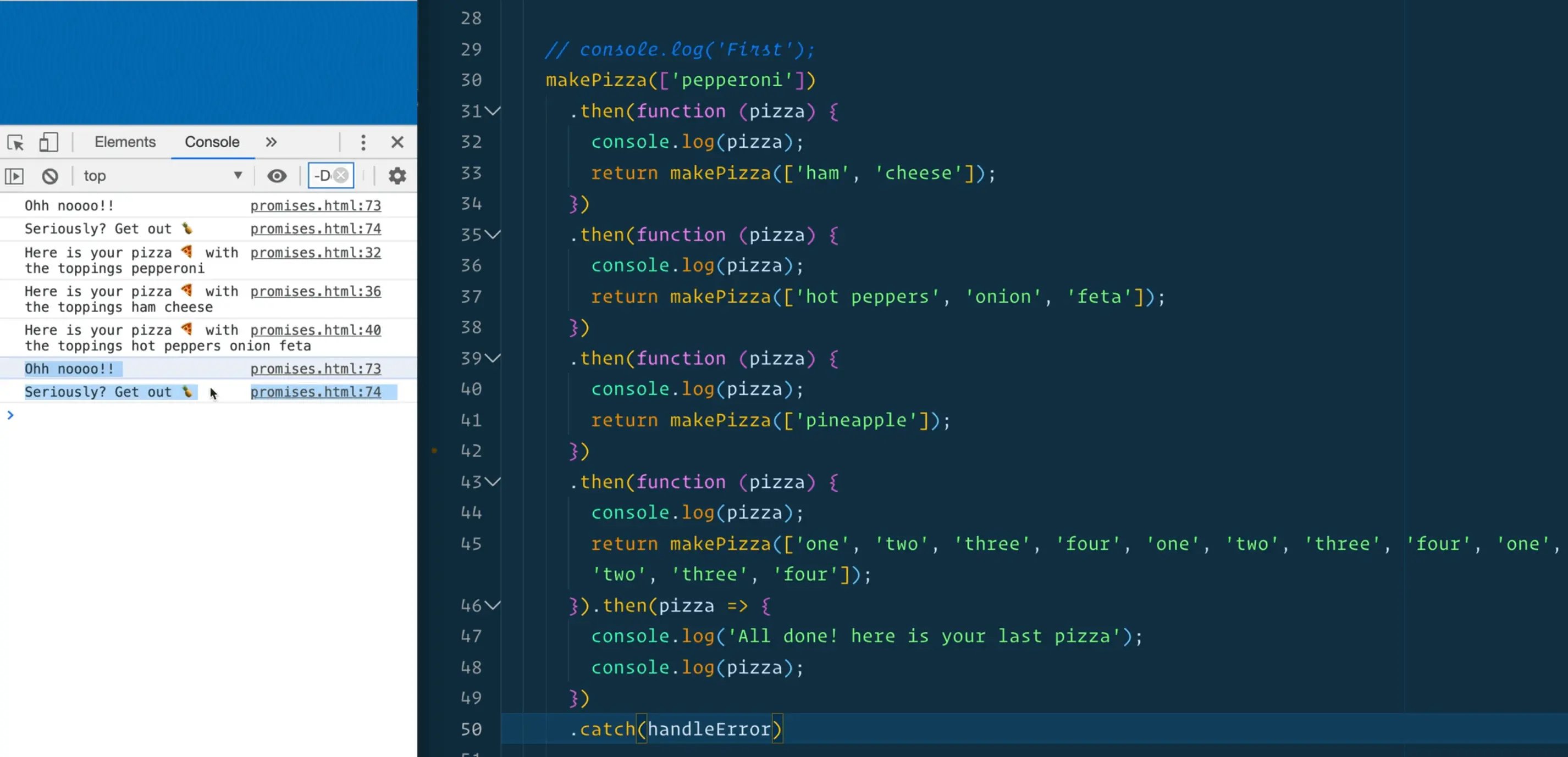 handling the error in chanin of promises in code