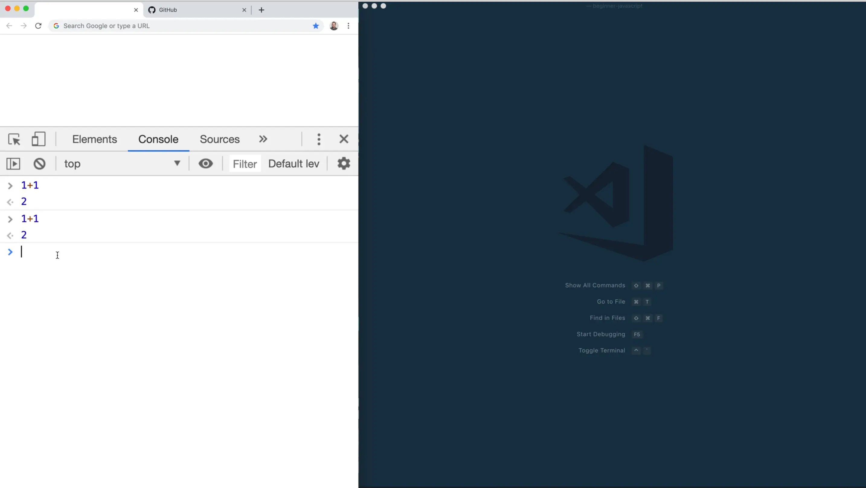 browser console showing the calculation of 1 + 1