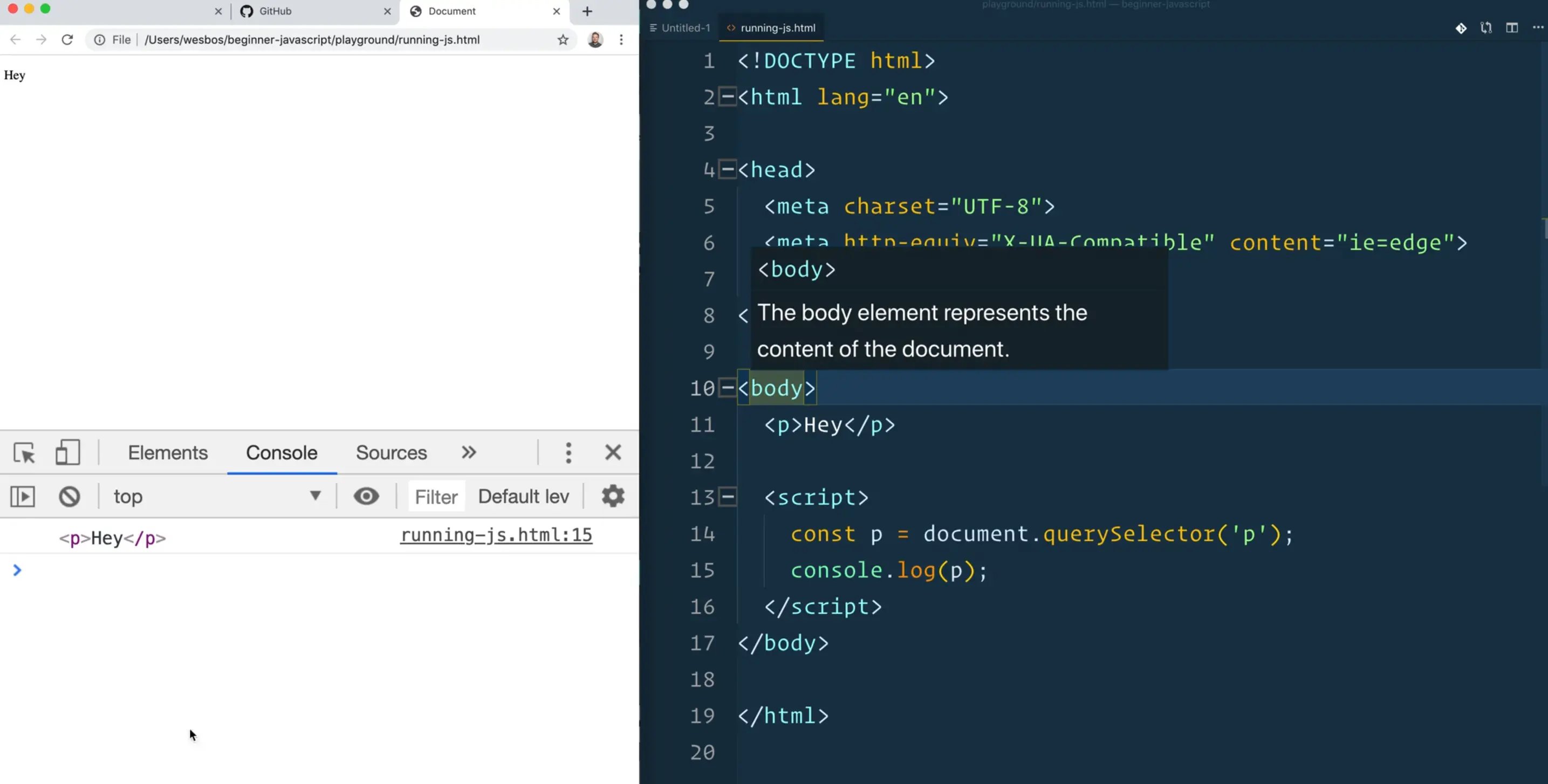 console output showing a paragraph element with the text content of Hey