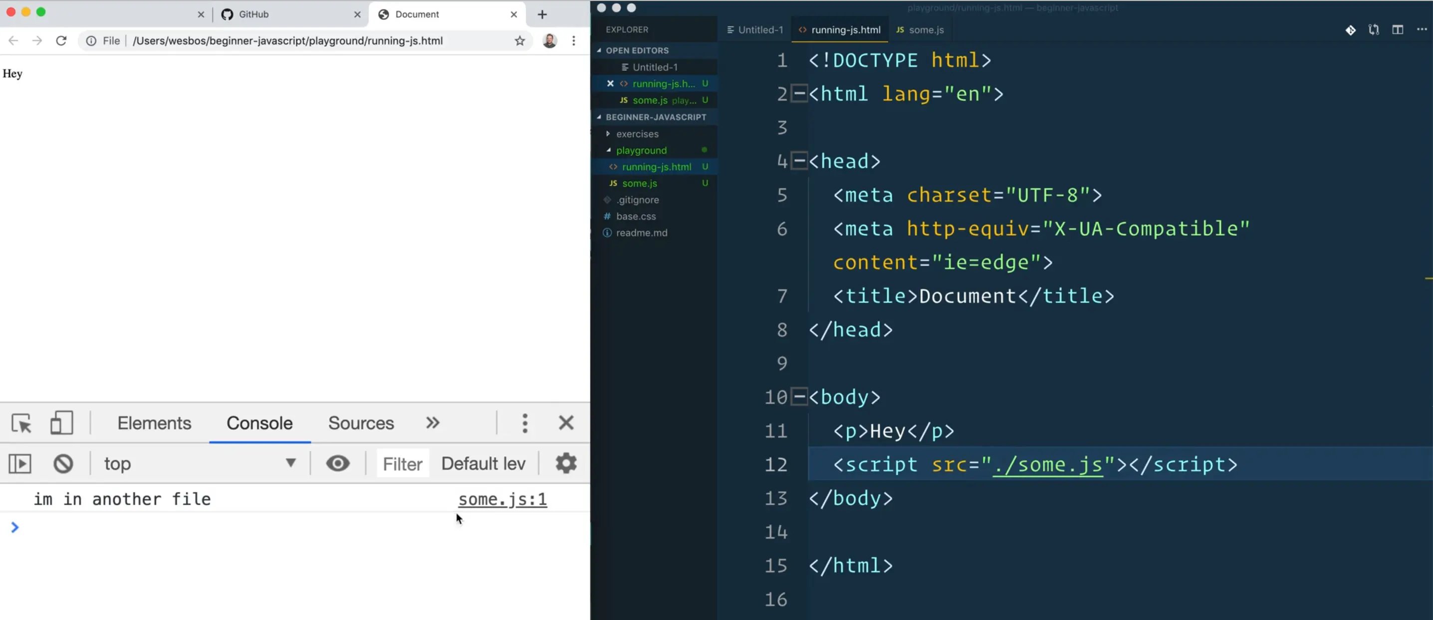 browser console showing the filename and line number where the console statement was defined