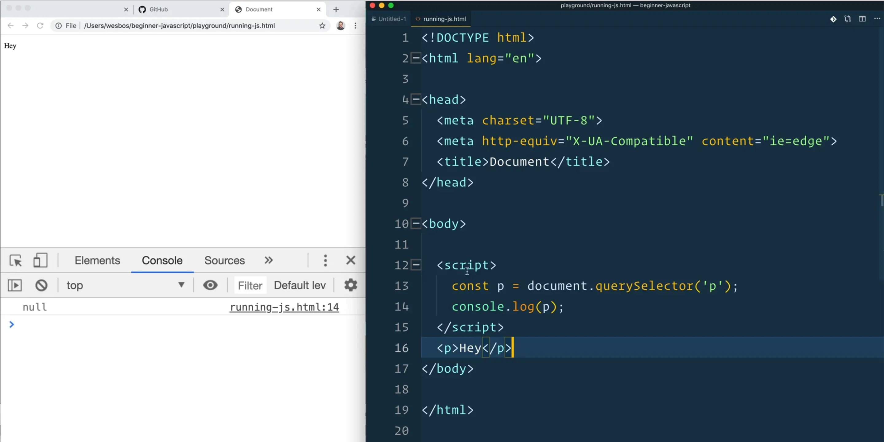 a script tag before the paragraph element that is being selected
