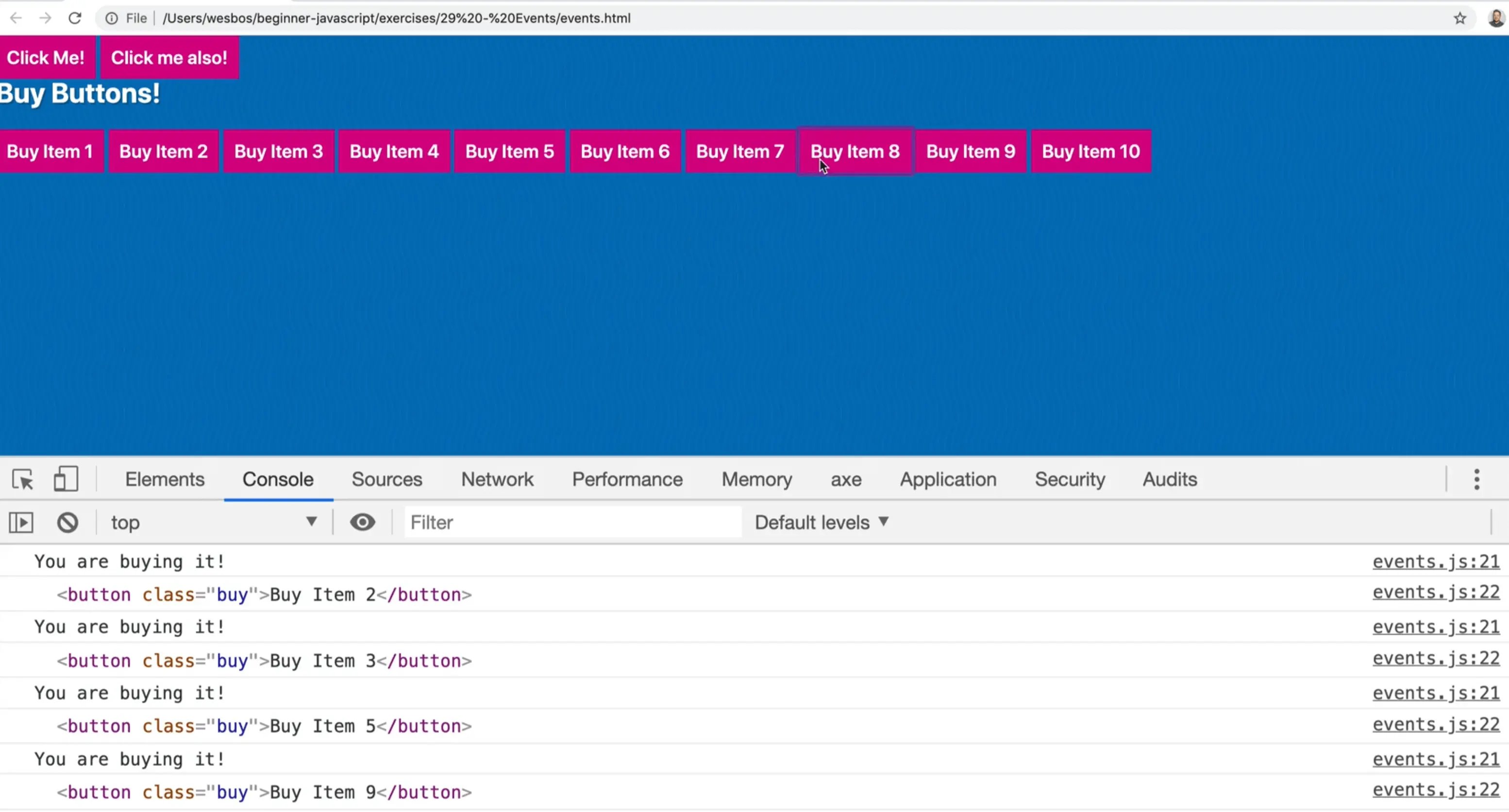 rendered buttons on page with browser console showing click events