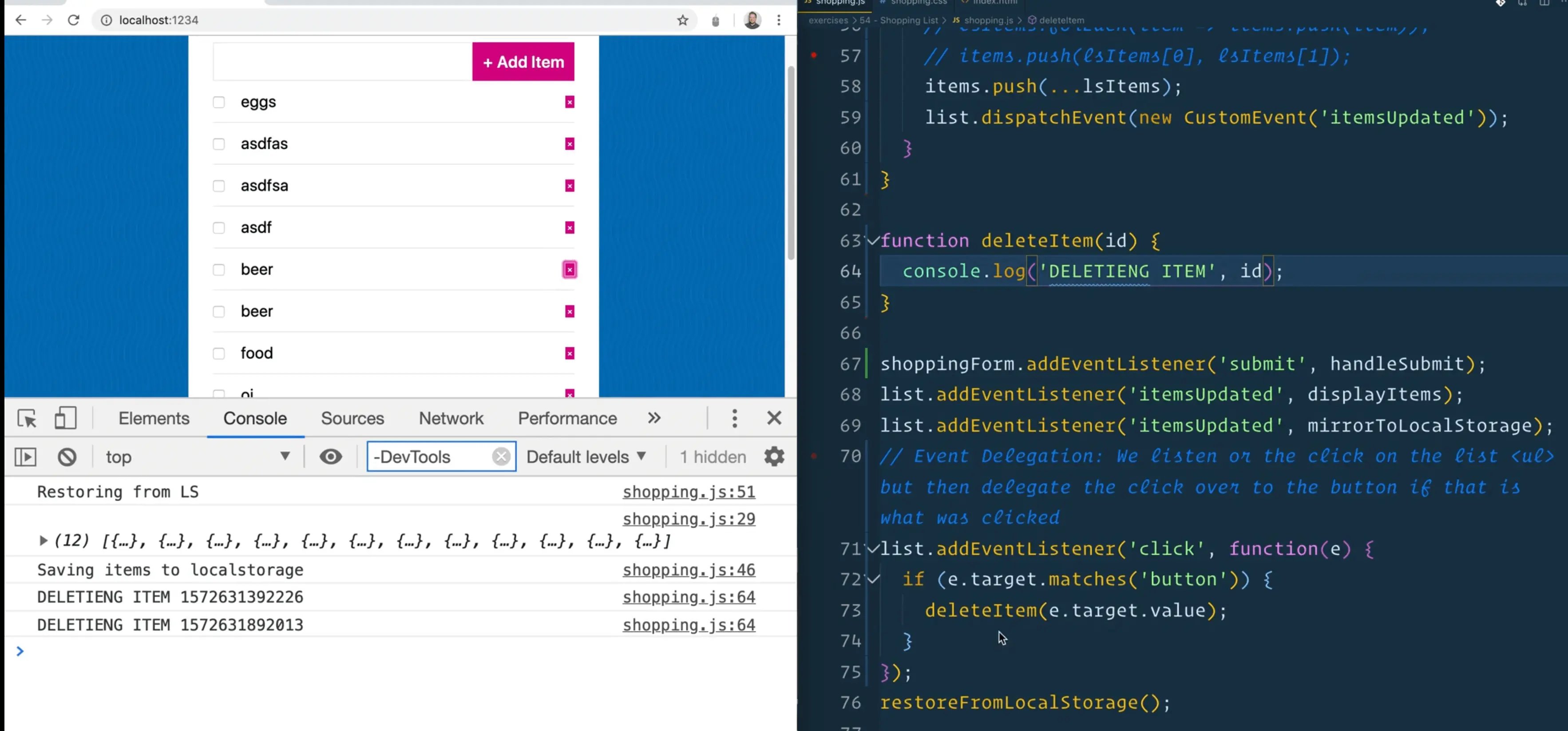 deleteItem function logging the id in console