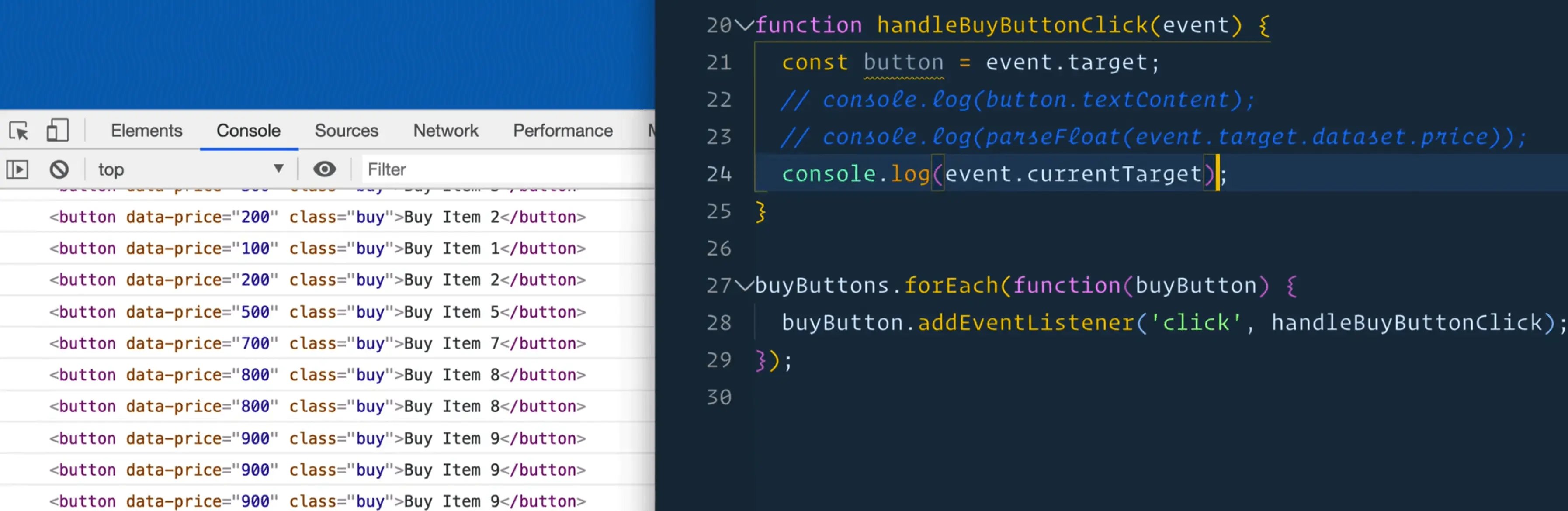 browser console output showing event targets