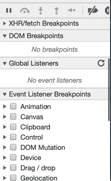 other features in source tab includes dom breakpoints, global listeners, event listener breakpoints