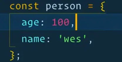 code snippet of object person with name of 'wes' and age of 100