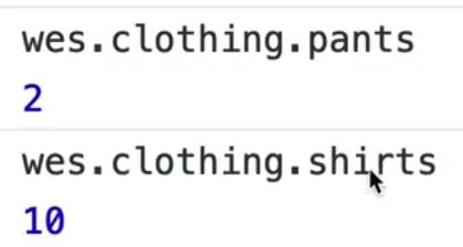 browser console output showing multi-nested attribute lookup for wes.clothing