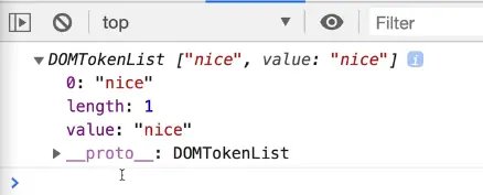browser console showing the output of classList showing only one class in the output