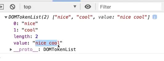 browser console showing the output of classList showing multiple classes in the output