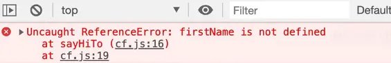 sayHiTo function throws not defined error as firstName is not defined anywhere