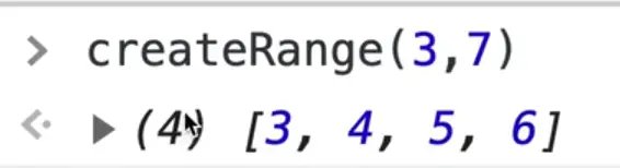 browser console showing createRange function with inclusive of starting number