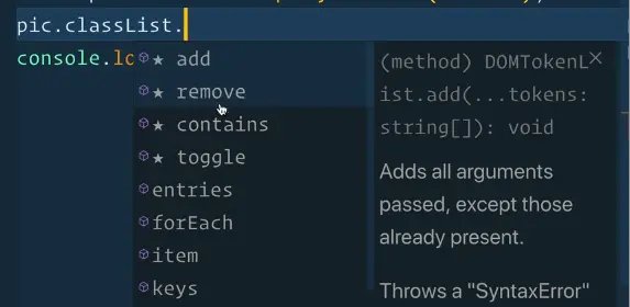 editor showing dropdown of classList methods names when typing