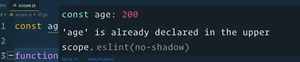 Editor showing a warning that 'age' is already declared