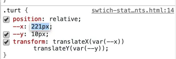 browser dev tools zoomed in on the style tab showing how to edit --x positions