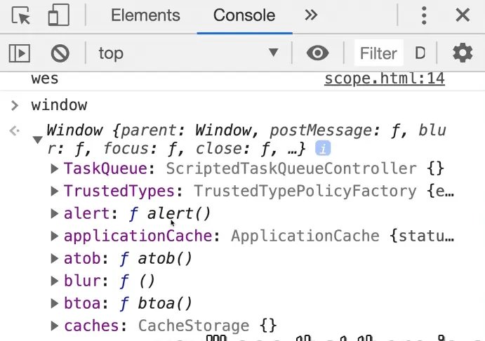 console showing Window object