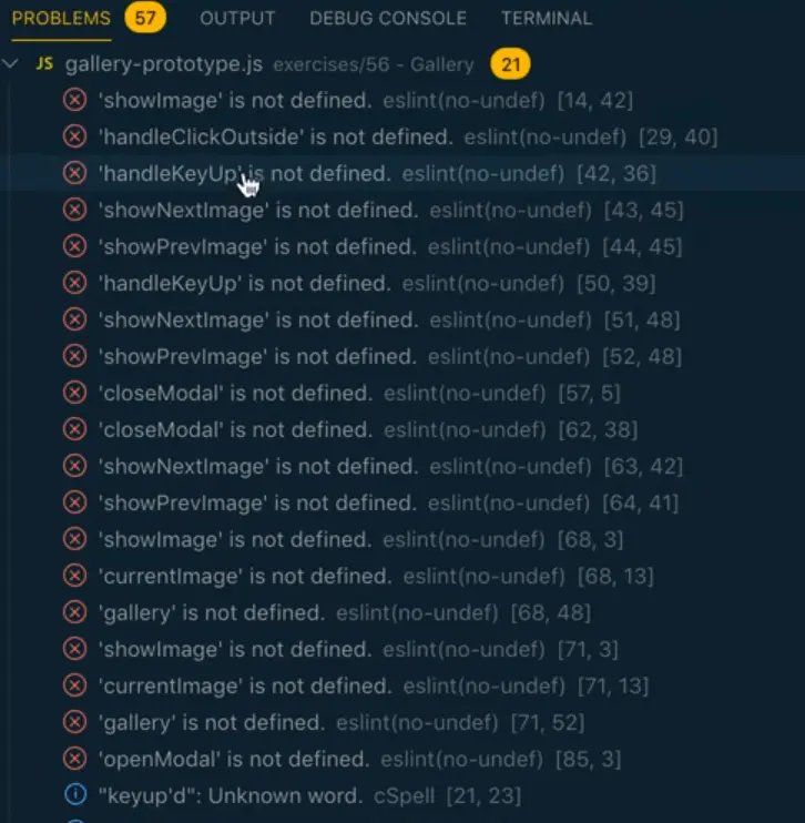 problems in code highlighted by ESLint