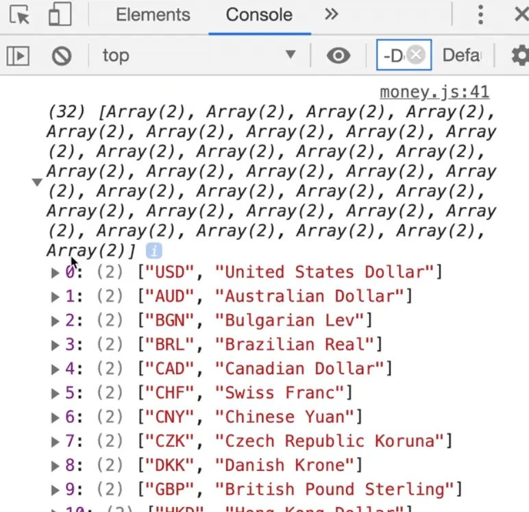browser console showing currency array output 