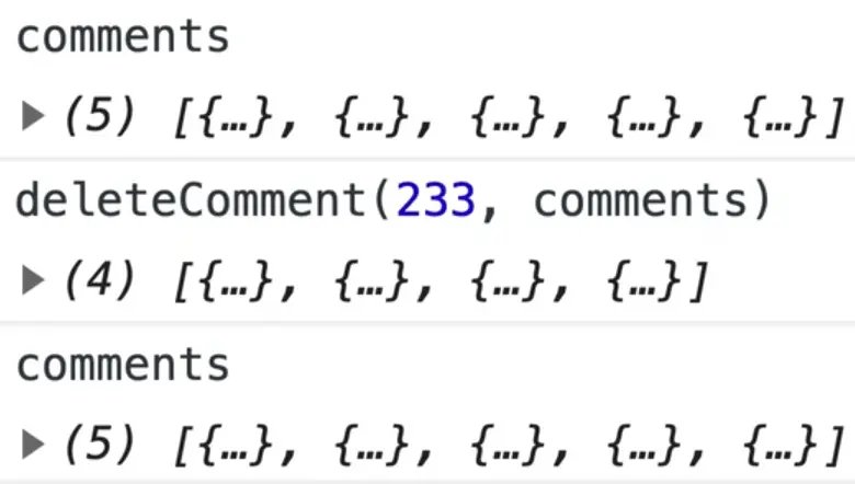 browser console showing deleteComment array with deleted comments from comments array