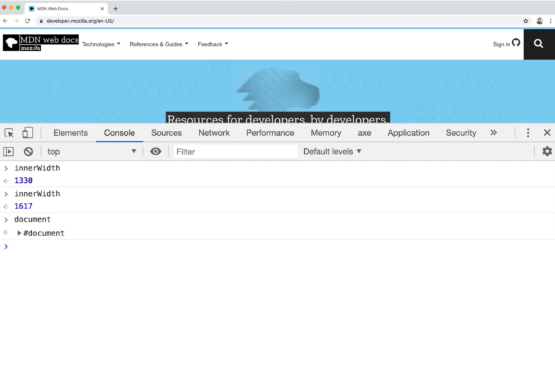 Hovering over document in the console output highlights the entire page