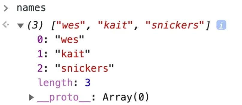 browser console output showing names array