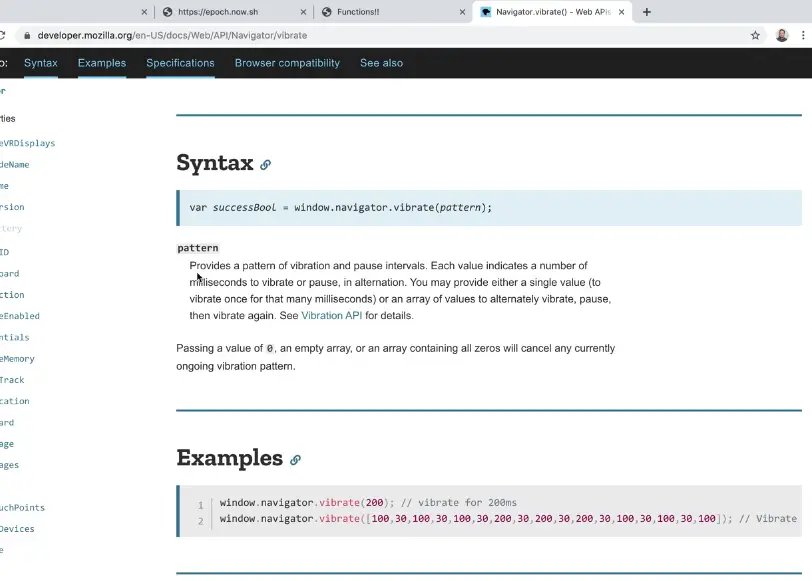 mozilla developer website to see the documentation for Navigator vibrate method