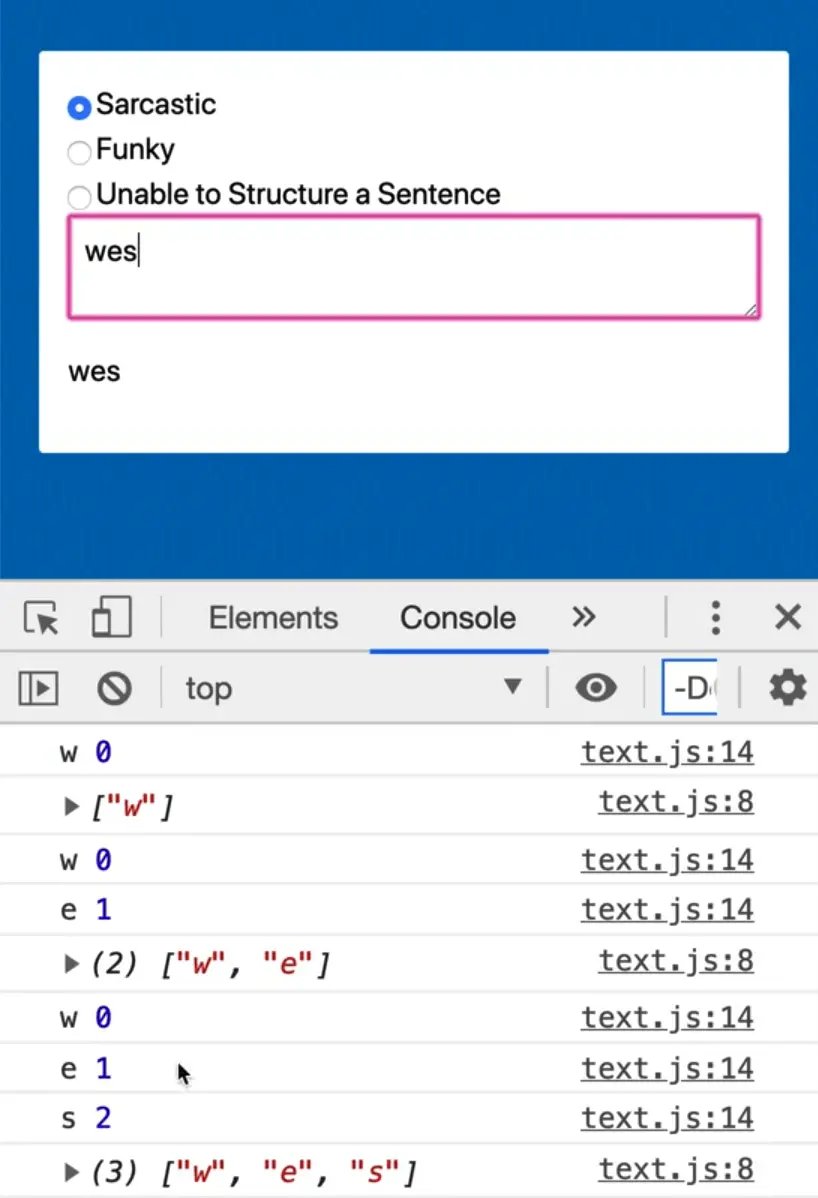 log the letter on typing text
