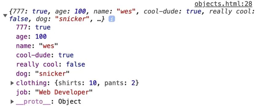 browser console output showing new person object attribute job added via dot notation