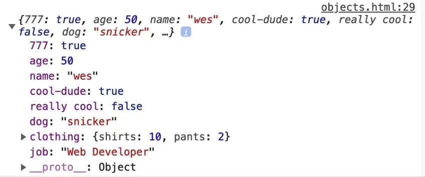 browser console output showing person object attribute age overwritten via dot notation