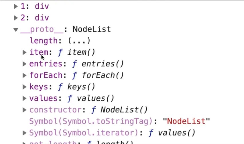 console showing NodeList proto object properties and methods