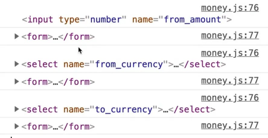 browser console output showing results from event