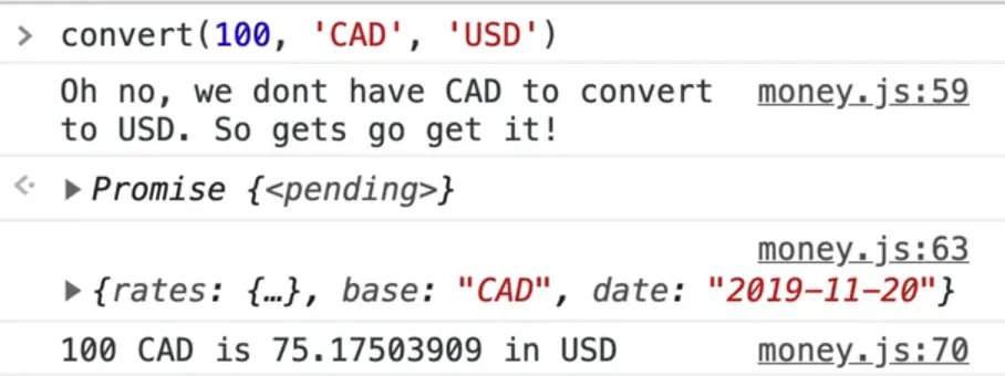 browser console showing successful conversion from CAD to USD