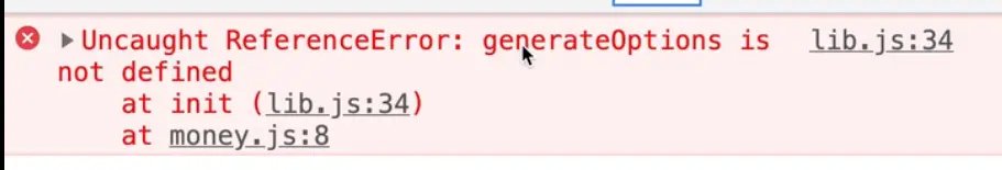 uncaught reference error - generateOptions is not defined