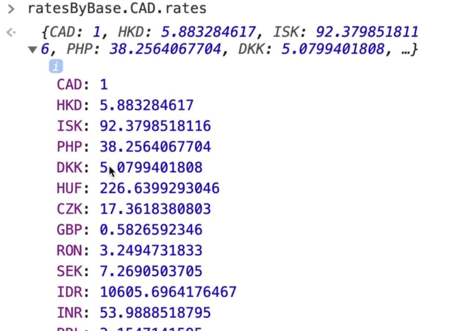 browser output showing output from ratesByBase.CAD.rates