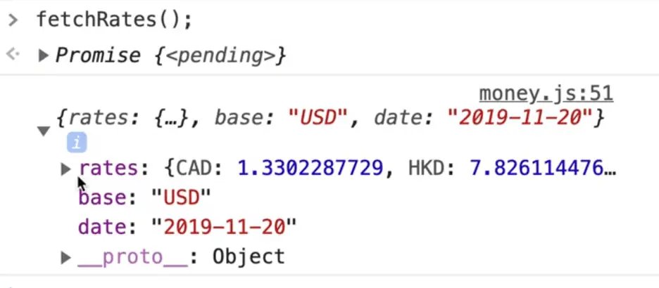 browser console showing output from fetchRates endpoint using USD