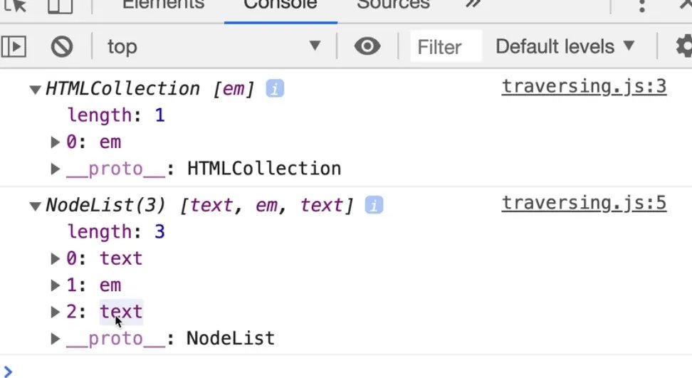 browser console showing the output of .childNodes on a .querySelector