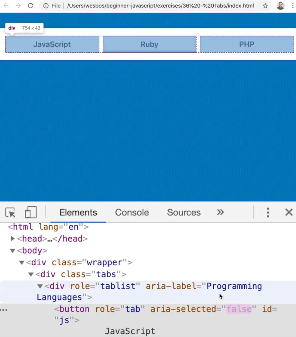 dev tools inspect showing tab button aria-selected attribute set to false