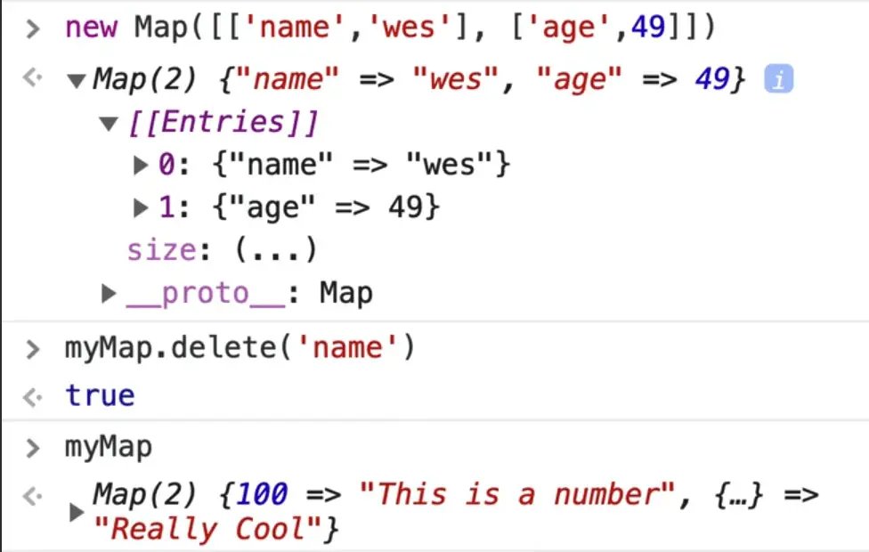 browser console output showing map entry deletion using .delete method