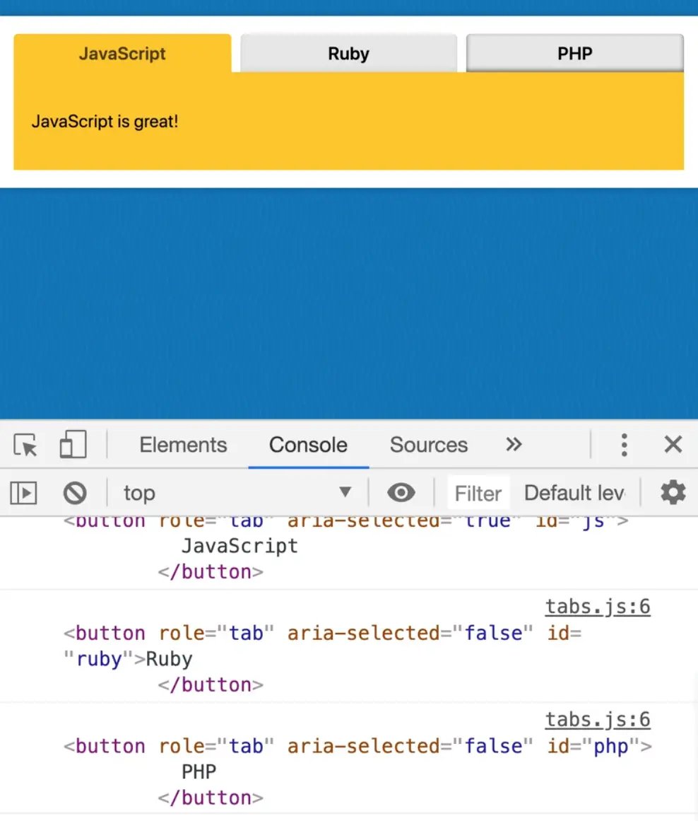 console showing event.currentTarget on tab click