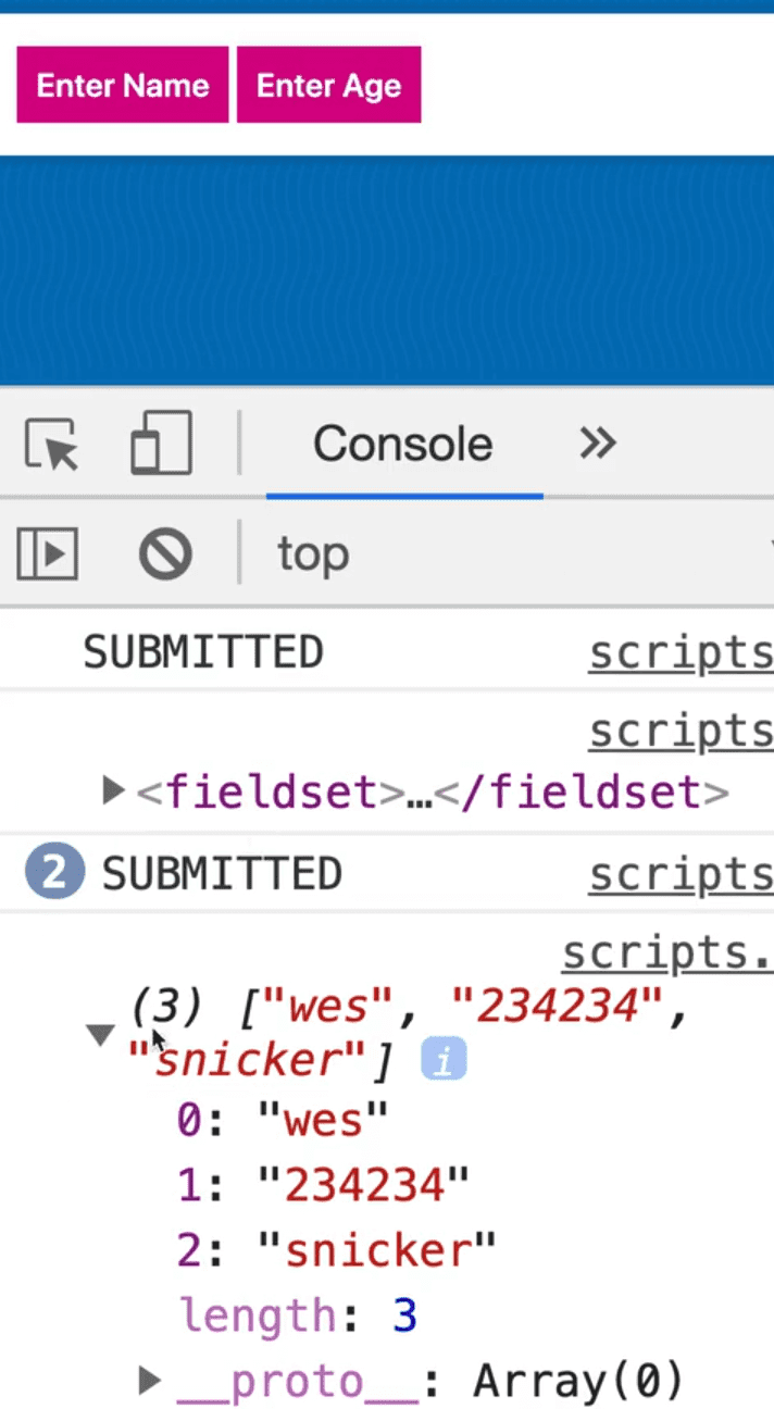 clicking on submit will log the array in console