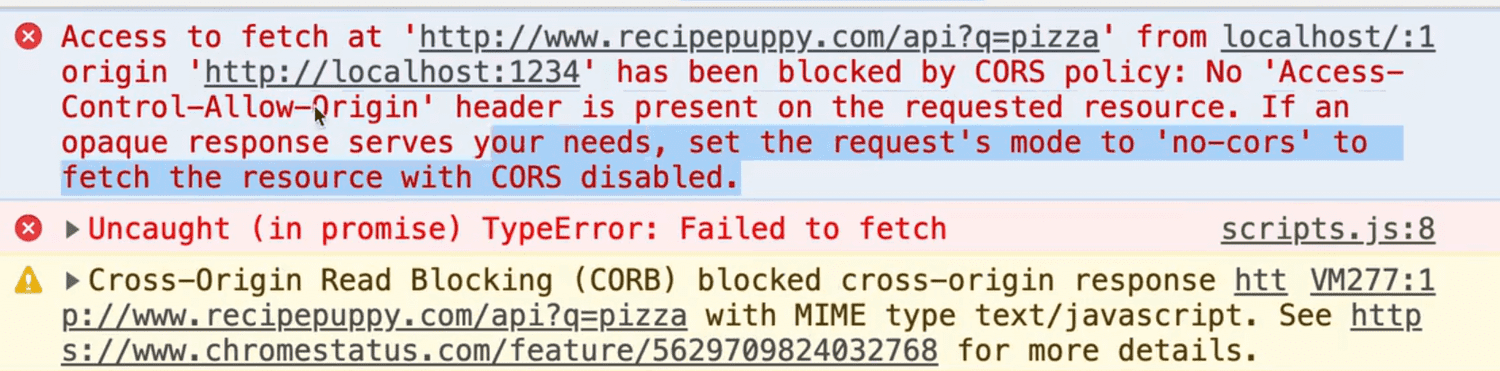 browser console showing CORS Policy error