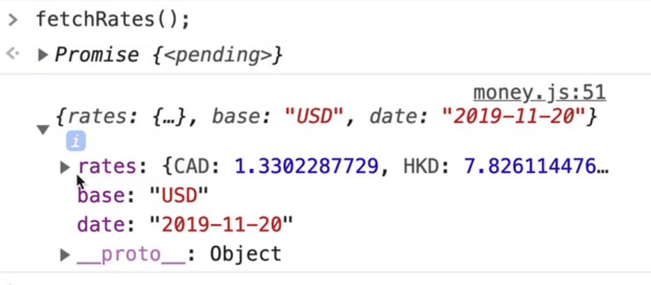 browser console showing output from fetchRates endpoint using USD