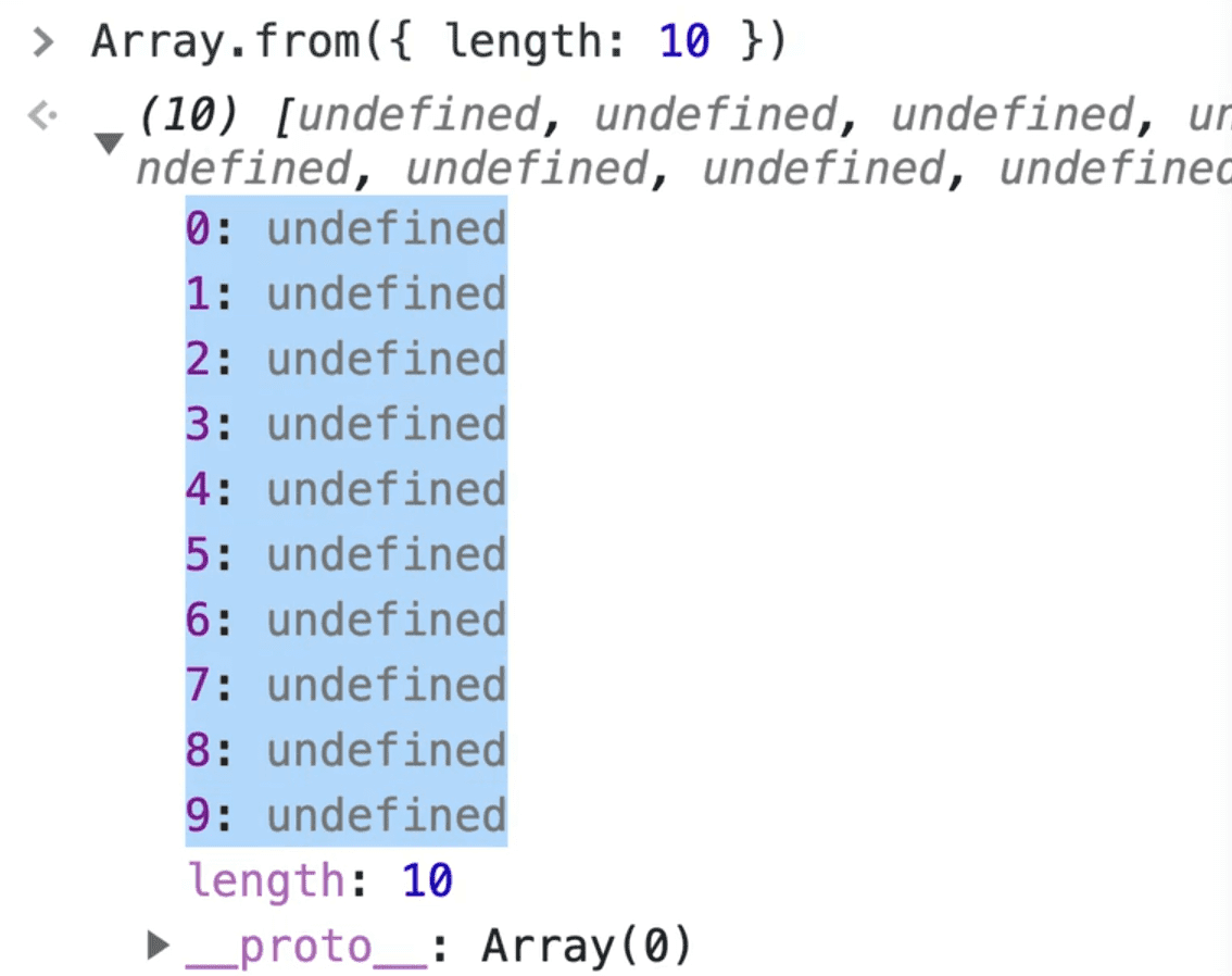 browser console showing an iteratable array of 10 undefined elements