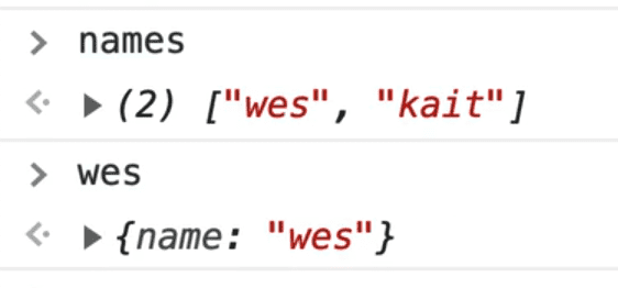 log of names holding array and wes holding object, created using new keyword