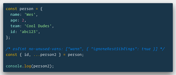 🔥 Making a copy of an object and need everything but a property? Use JavaScript destructuring to pull that prop out and then use a ...rest to collect the rest!
